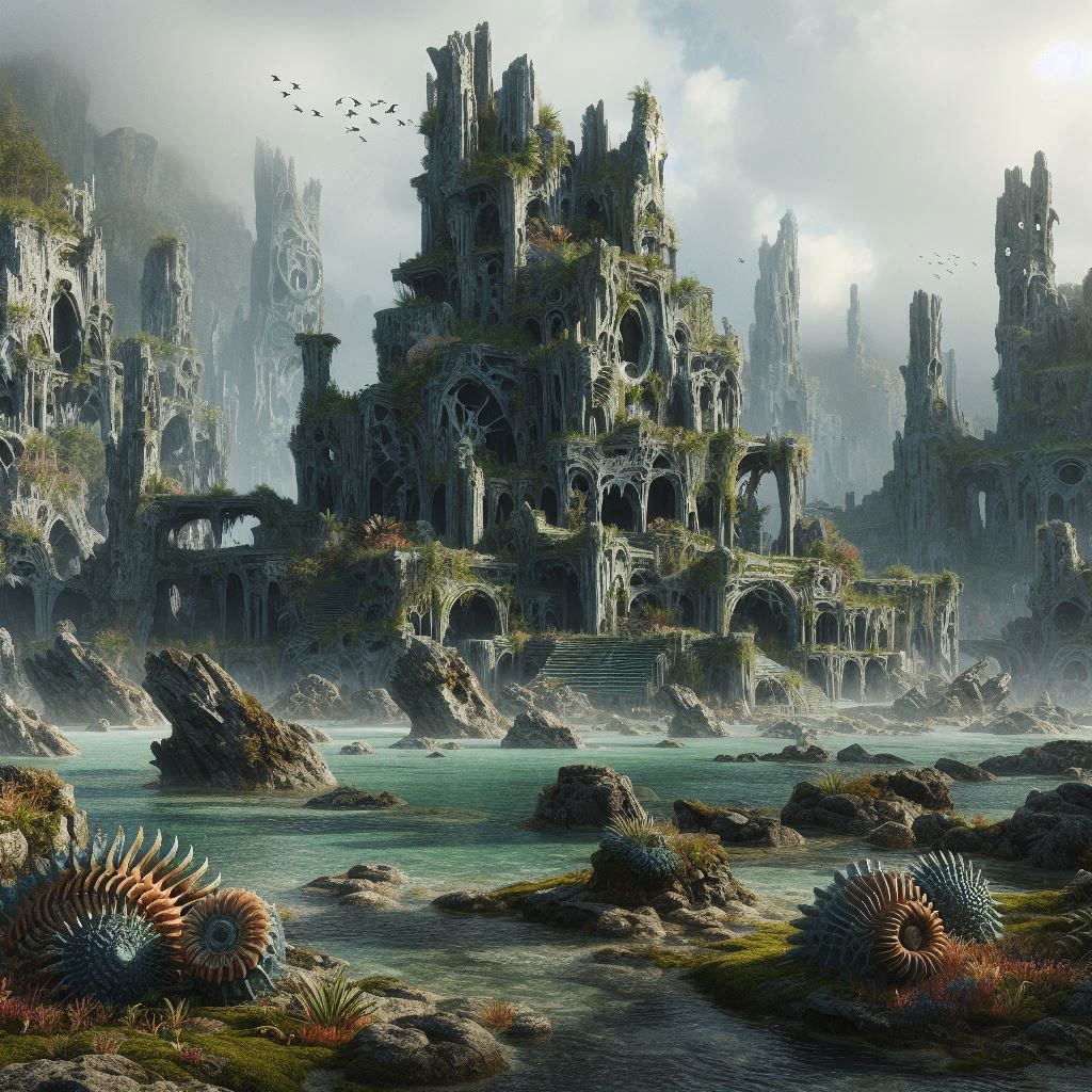 Concept art of a ruined ancient city from the Silurian period, featuring mysterious stone and...jpeg