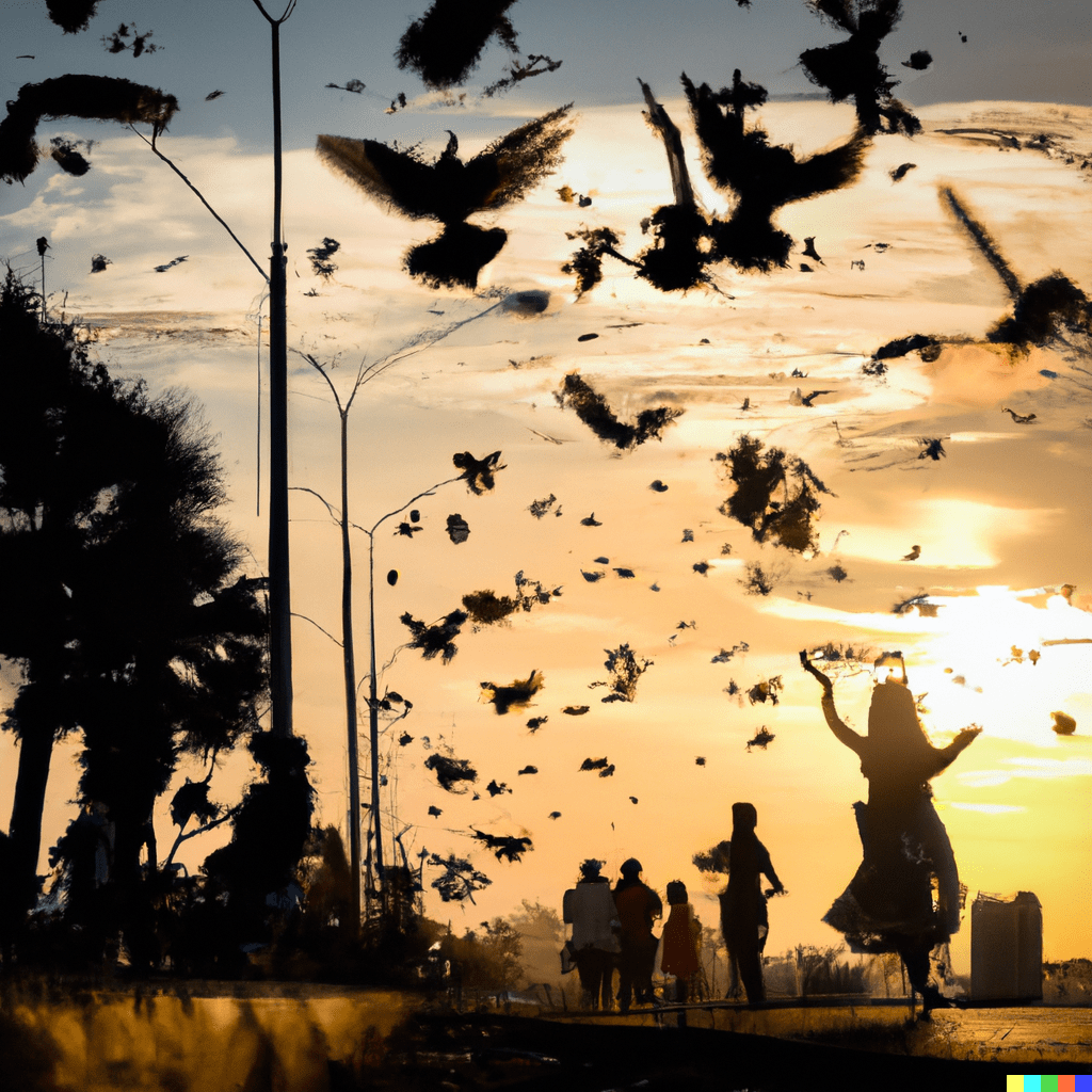 DALL·E 2022-10-02 17.11.11 - realistic photo of evening sunset includes  Birds fly and peoples...png