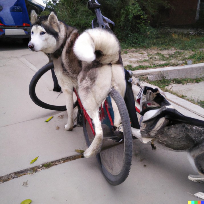 DALL·E 2023-05-28 12.10.29 - wounded husky dog who loves coding ride bicycle  afraid cats.jpg